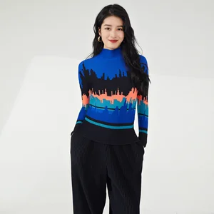 2025 Latest Women's High Quality Pleated Long Sleeve T-Shirts Casual Style Stretch Printed Blouses for Ladies by Miyake