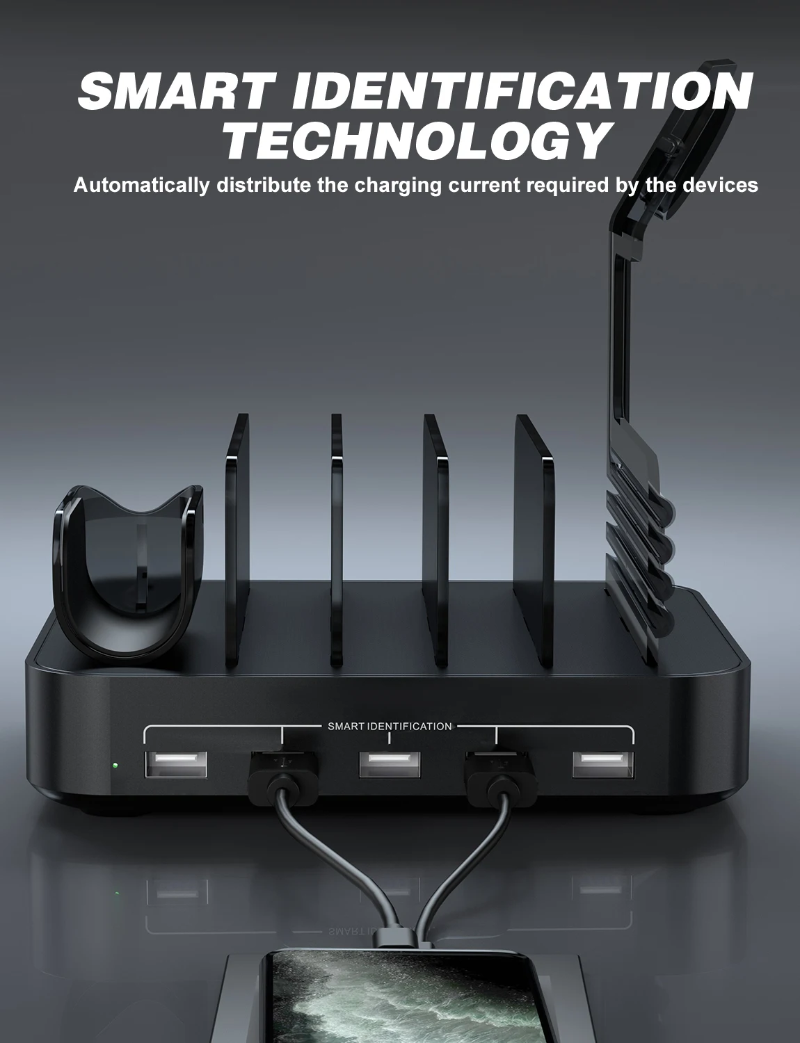 Мощные 5 USB-портов с 8 короткими смешанными кабелями, часы и подставка под Airpod в комплекте с несколькими устройствами, 50 Вт, зарядная станция
