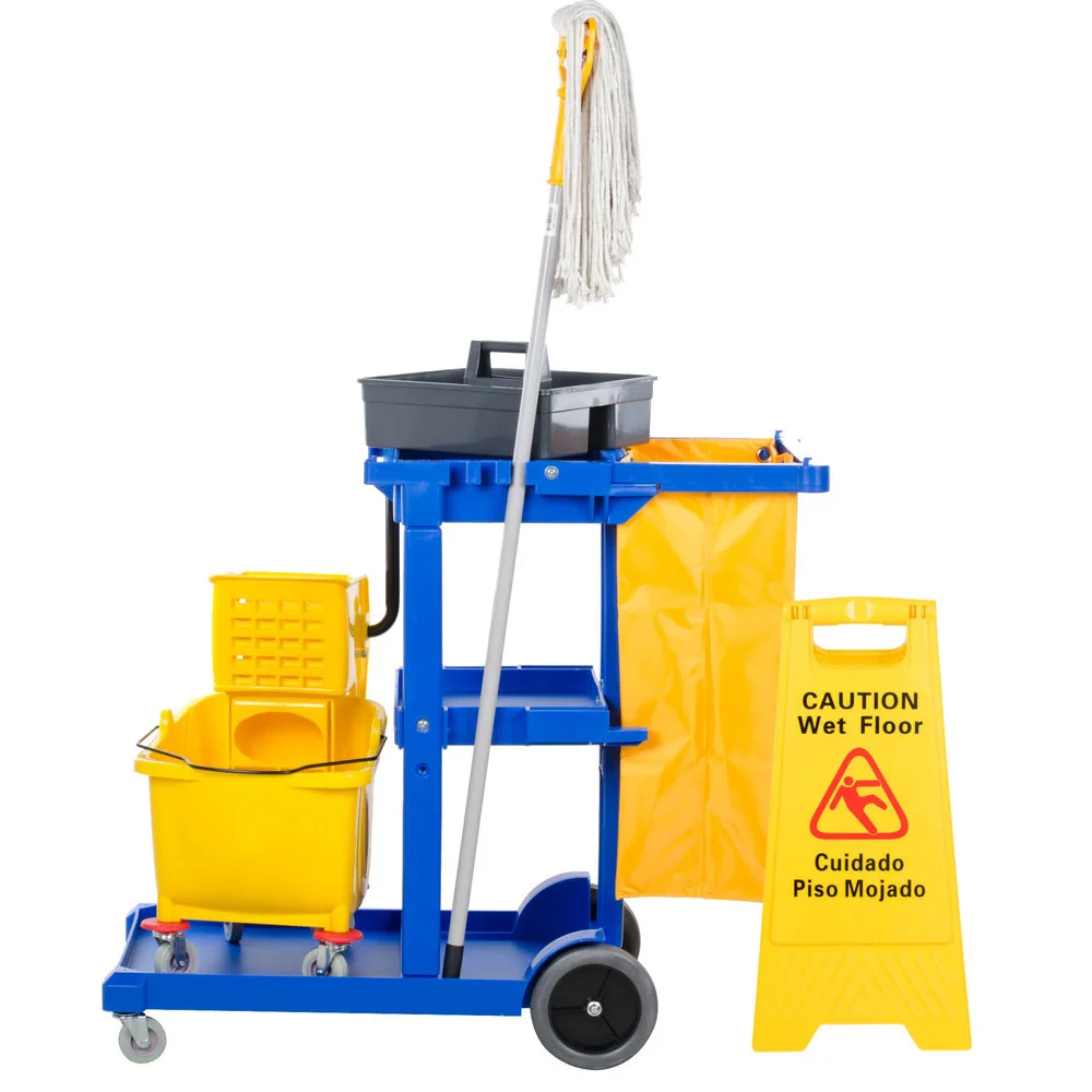 6-Piece Heavy Duty Janitorial Set Includes:Janitor Cart with 3 Storage  Shelves, Vinyl Waste Bag, Mop Bucket,Wringer, Cotton-End Wet Mop Head, Mop