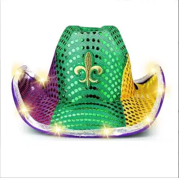 Adult Shiny Sequin Mardi Gras Cowboy Hat with LED Lights display picture 1