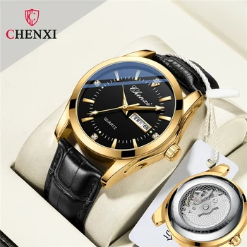 CHENXI Black Leather Strap Waterproof Luminous Mens Watch Date Week Quartz Watch Men Dual Calendar Fashion Business Clock Reloj