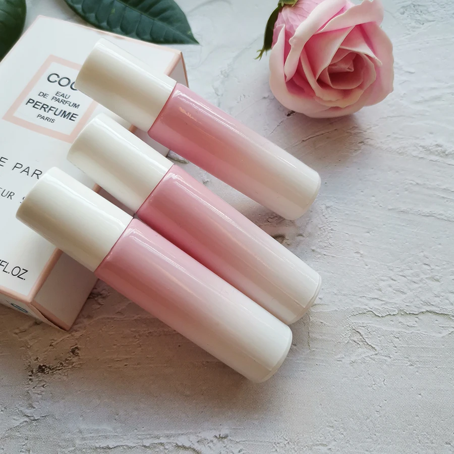 10ml Gradient White-Peach Roll on Glass Bottle with Gem Stone Roller & White Cap Cylinder Essential Oils Perfume Bottles