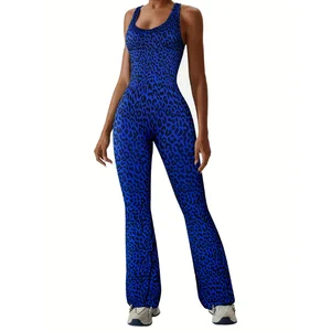 Deep Blue Leopard Print One Piece Flared Pants Bodysuit With Removable Padded Cups Backless Slim Fit Yoga Activewear for Women