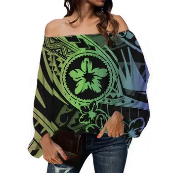 Vintage Hibiscus Flowers With Tribal Design Fashion Sexy Off The Shoulder Shirt Long Sleeve Ladies' Blouses Tops Office Fit