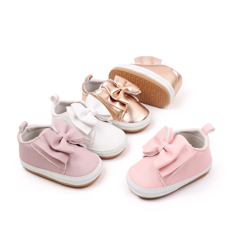 2024 Baby Girl Toddler Soft PU Material Shoes with Large Bow Hook Loop Design Flat and Non-Slip Rubber Bottom Solid Color