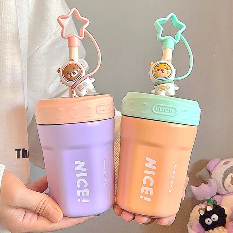 New 350ml 450ml Kids Cartoon 316 Stainless steel thermos cup with straw  children breakfast drinking thermos milk coffee cup