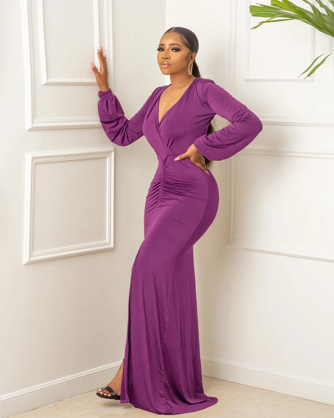 Solid Cheaper Pleated Women Modest Evening Dresses V Neck Long Sleeve Maxi Dress Night Elegant Dresses for Women Cocktail