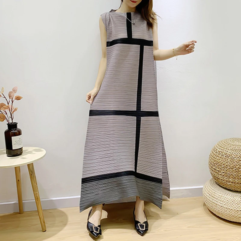 Getspring O Neck Sleeveless Casual Loose Oversized Spring New Ruched Patchwork Hit Color Dresses