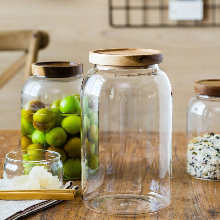 1pc Glass Storage Jar With Acacia Wood Lid, High Borosilicate