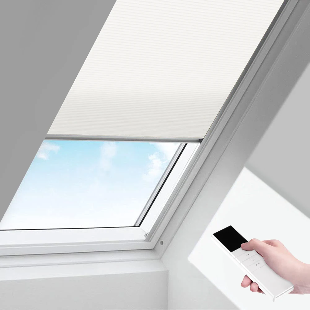 ZSHINE Motorized Cellular Blinds Remote Control Cordless Honeycomb Blinds Shade Light Filtering Fabric for Skylight Glass Room