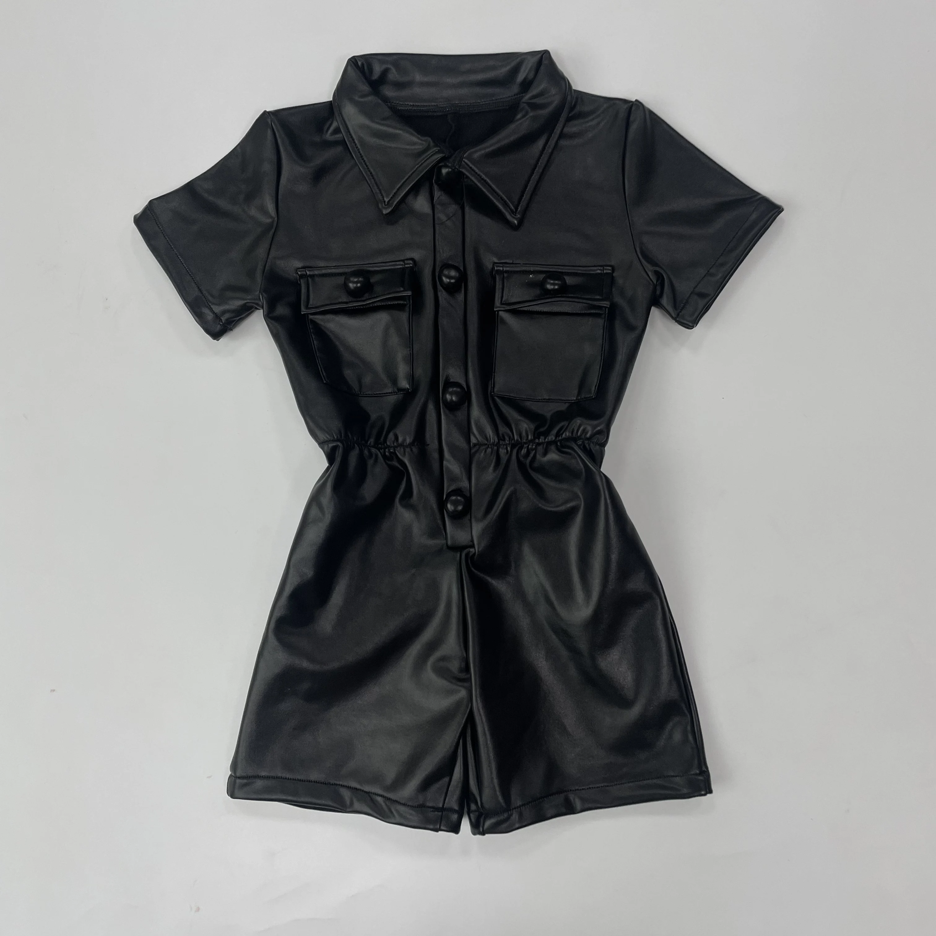 Ruidian Summer Wholesale New Toddler PU Leather Black Onesie Girl Faux  Leather Lapel Short Sleeve Romper Cargo Pants