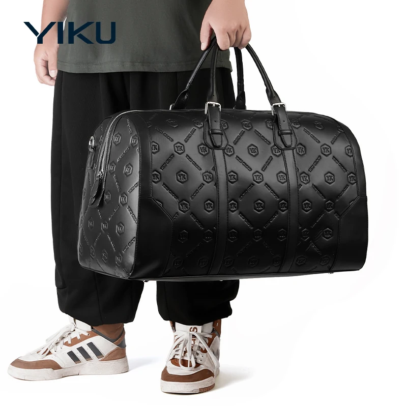 YIKU Manufacturer Customization Full Emboss Logo Men Black  PU  Leather Duffel Overnight Traveling Duffel Bag