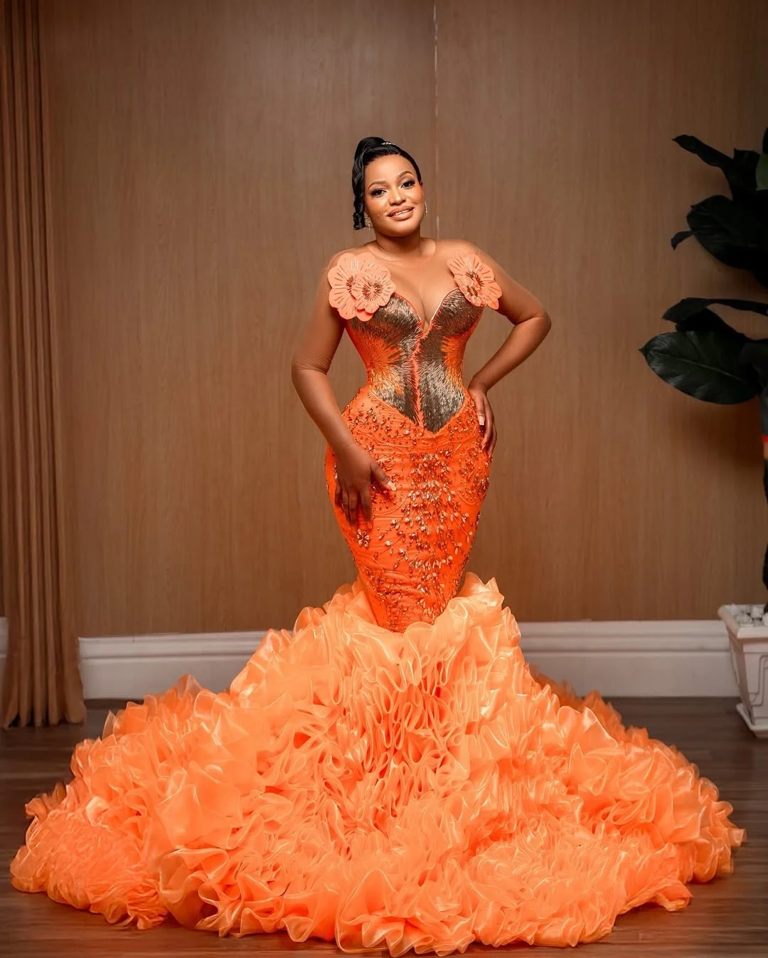 Customized Elegant Brown Rhinestone Prom Dress Blackgirls Crystal Beaded  Ruffles Mermaid African Party Gala Gown
