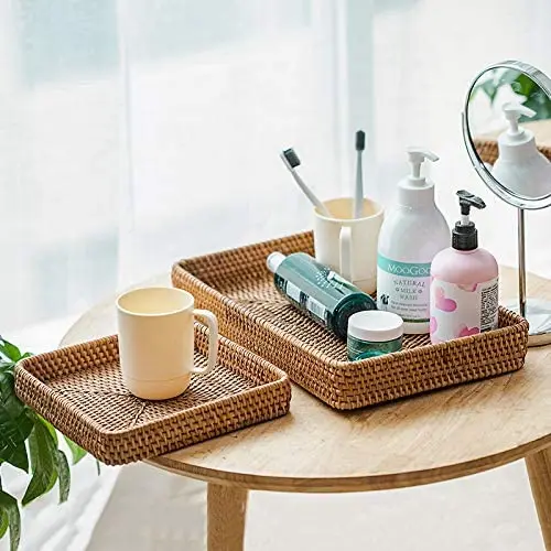 3 Set Rattan Tray Multi Purpose Adjustable Cutlery Bamboo Storage Trays for Bathroom Top