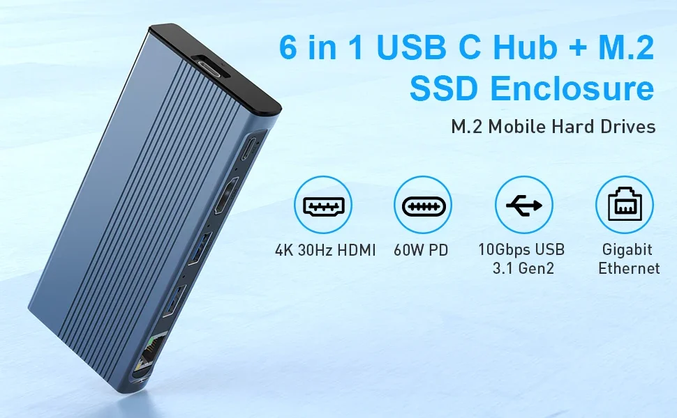 Chinese factory supplier supply  10gbps Type C 4k Hd Rj45 1000mbps Usb C Hub With Built In M.2 Ssd Enclosure 6 In 1 Docking Station - Buy 10gbps Data Transfer Type C To 4k Hdmi Rj45 1000mbps Usb 3.1 Gen 2 C Hub Nvme Enclosure 6 In 1 Docking Station gigabyte Ethernet Port 10gbps Charging Usb C Hub M Key B&m Key M.2 Nvme Ssd Enclosure usb3.1 Gen 2 Rj45 HDMI Hub 10g Dock To Nvme Ssd Housing Type C Docking Station M.2 Ngff Pcie Sata Enclosure