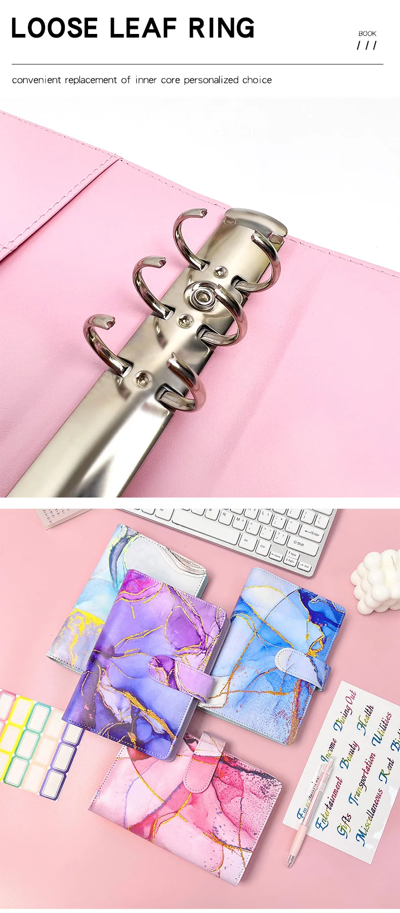 Colorful Marble A6 Binder Organizer Planners Pu Leather Budget Binder