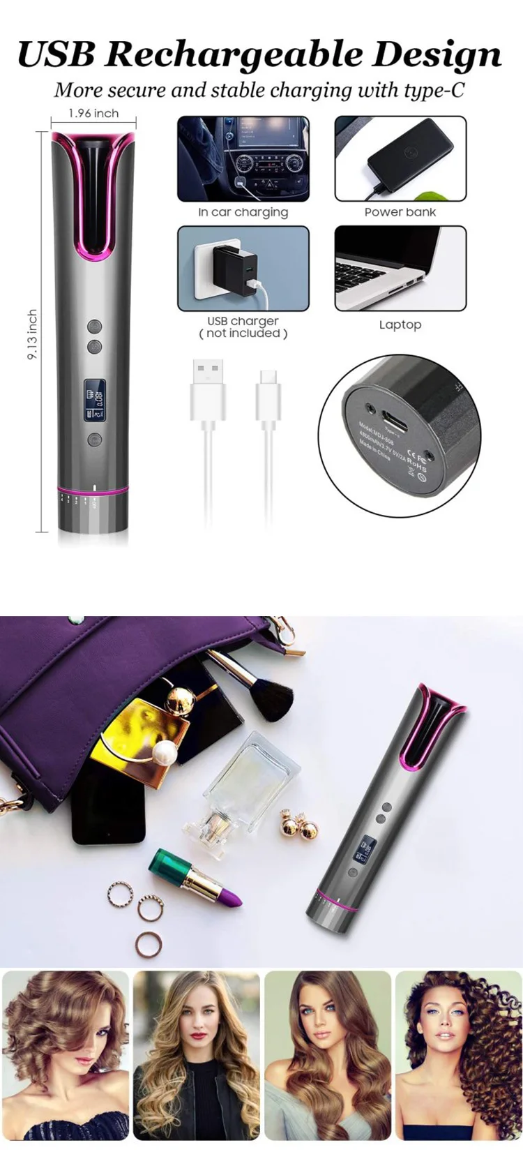Portable Wireless Curling Hair Mini Automatic Cordless Hair Curler Iron