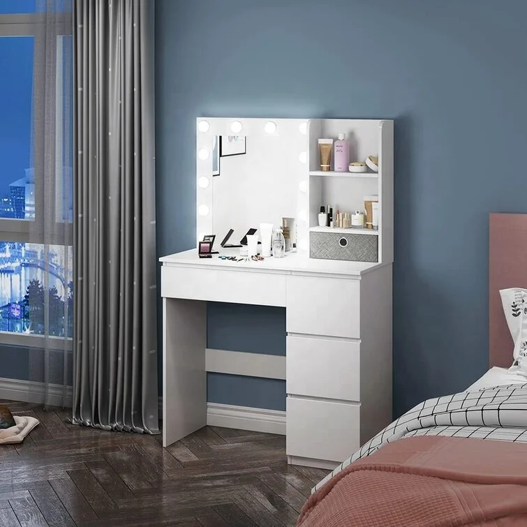 Custom Bedroom Vanity Led Light Mdf New Design Wooden Modern White