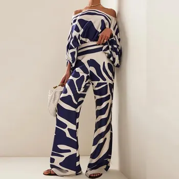 Summer new European and American women's printed round neck loose dolman sleeve waist wide-leg pants fashion casual suit