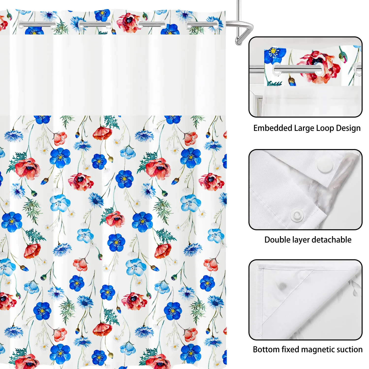 Цветочная занавеска без крючков с цветами и растениями водонепроницаемая для ванной комнаты крючка