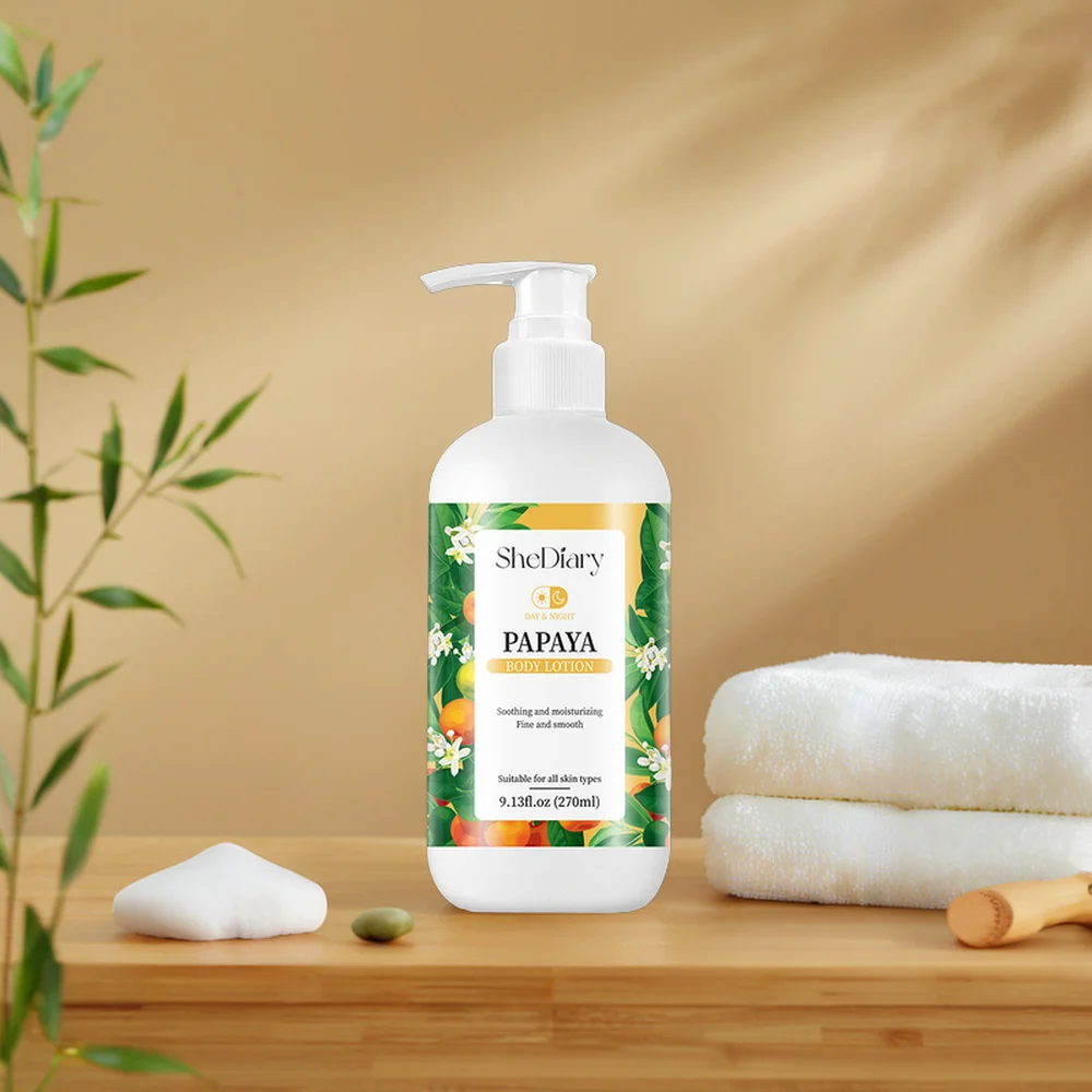 Wholesale Organic Body Lotion with Hyaluronic Acid Aloe Vera Exfoliating Whitening Papaya Sensitive Skin Shimmer Yellow Bottle