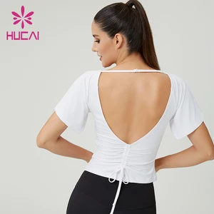 HUCAI Custom logo 95%Cotton 5%Spandex Soft Stretch Knitted Fabric U-neck Adjustable Back Waist Yoga Tank Top Women