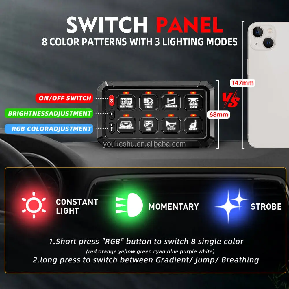 RGB 8 Gang Switch Panel 12V 24V Switch Panel With 3 Silicon Button Ouch ...