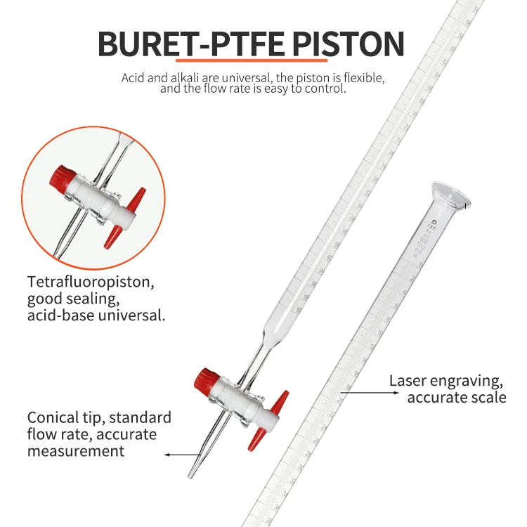 Lab Borosilicate Glass Burette in Various Sizes 10ml 25ml 50ml 100ml for Precise Measurements