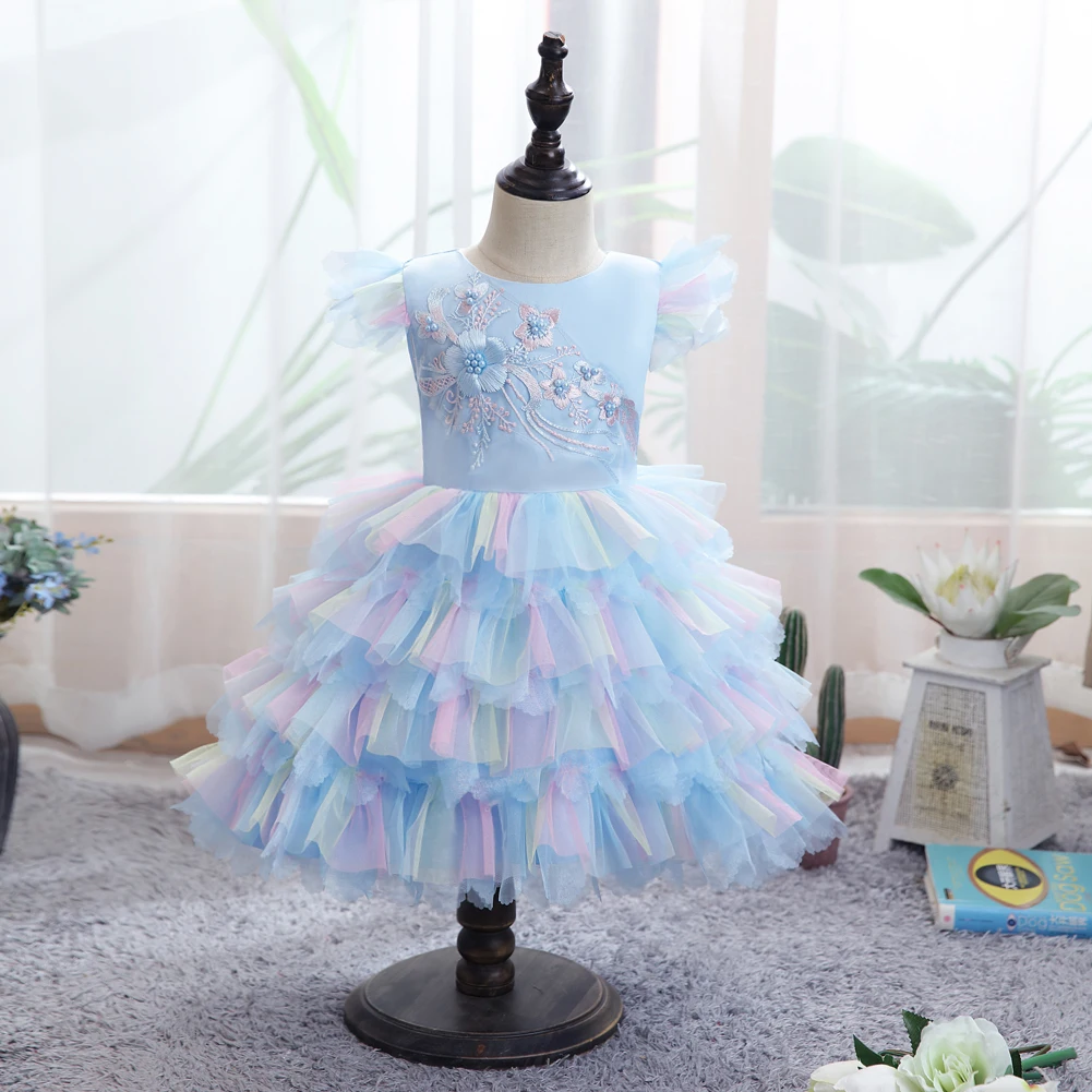 Korean Style Fluffy Lovely Flower Kids Girl Dress Colorful Baby Girl Birthday Dresses for 1 Years Old pink Girls Tutu Dress