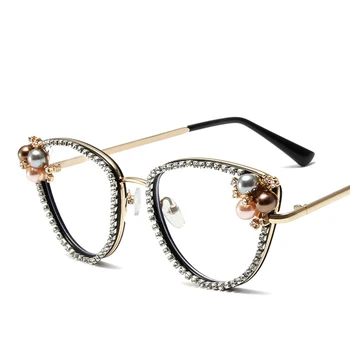 glass diamond pearl trendy cat eye blocking anti-blue light fashion vintage spectacle women lady new metal optical plain glasses