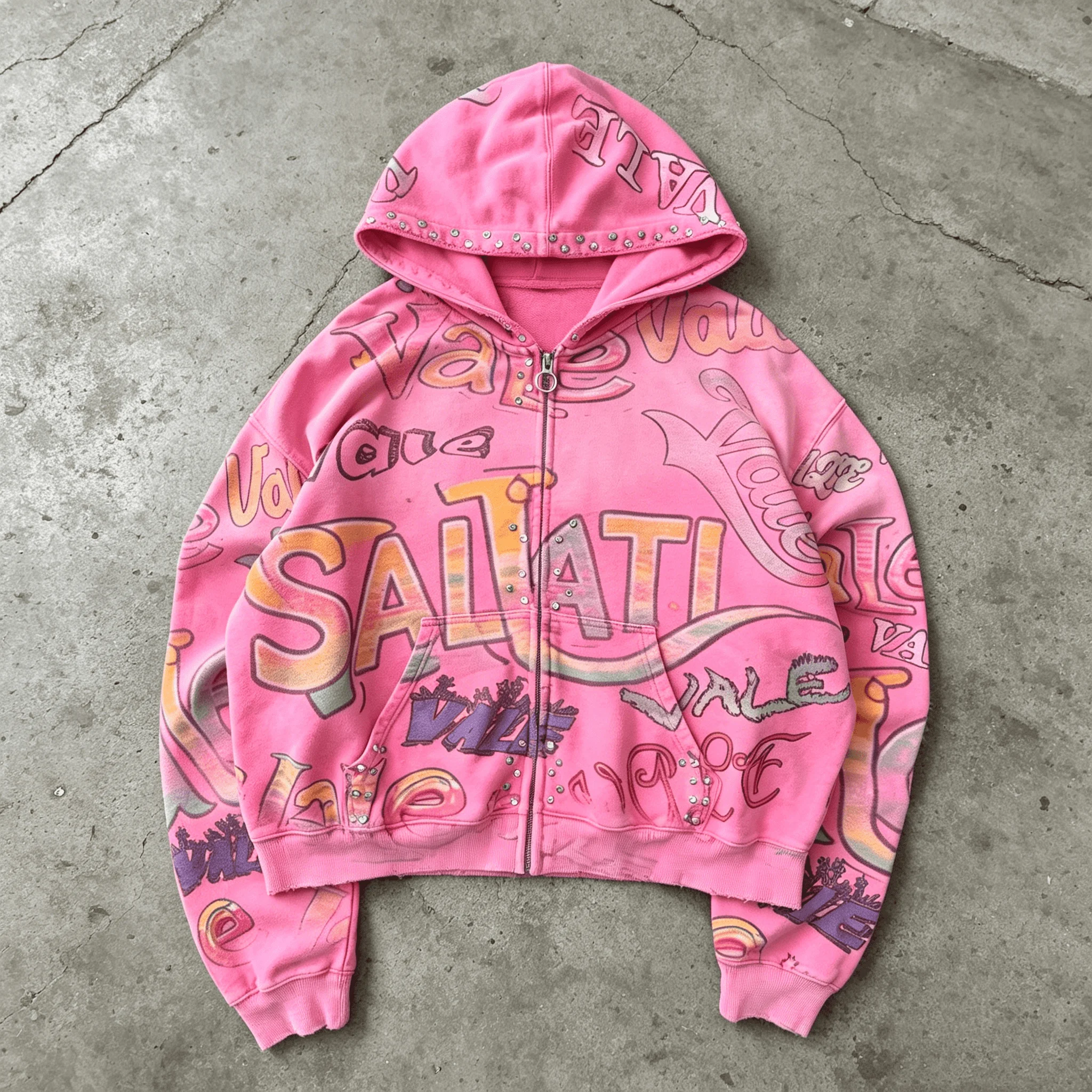 Wholesale Custom Logo Mens Pink Cropped Y2K Streetwear Zip Hoodie Graffiti Rhinestone Studded Hoodie gallery 2