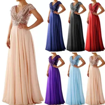 New Spring And Summer Women's V-neck Sequin Patchwork Elegant Formal Long Gown Evening Dresses