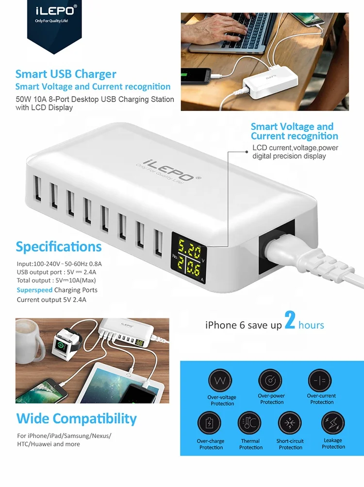Многократное зарядное устройство, быстрая зарядка через USB, зарядное устройство с 8 портами, многофункциональное зарядное устройство USB для смартфонов, планшетов, 5 В, зарядка для сотового телефона