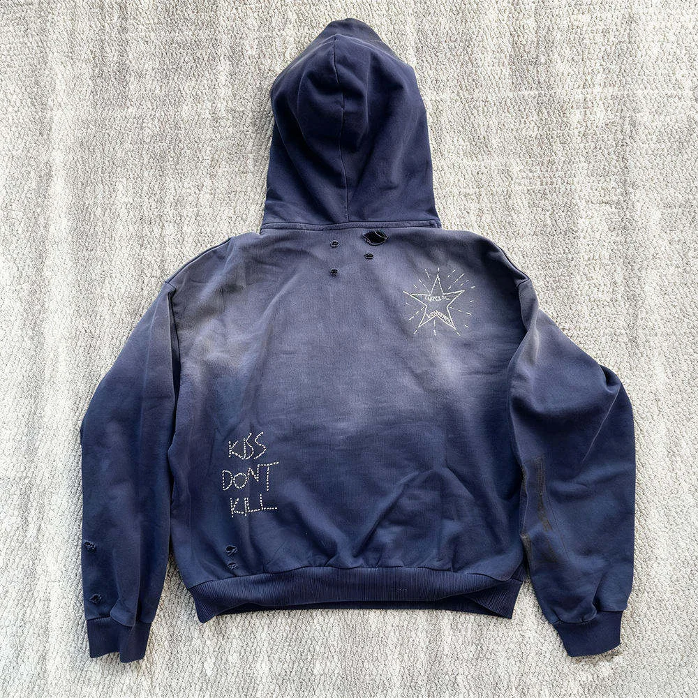 SALATI Manufacture Heavy Weight Cotton Graphic Hoodies Custom Vintage Washed Men Embroidered Pullover Sunfaded Rhinestone Hoodie gallery 2