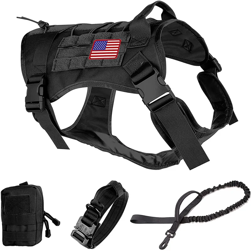 K9 Tactical Dog Collar Leash Harness Set With Soft Pouch And Patch No