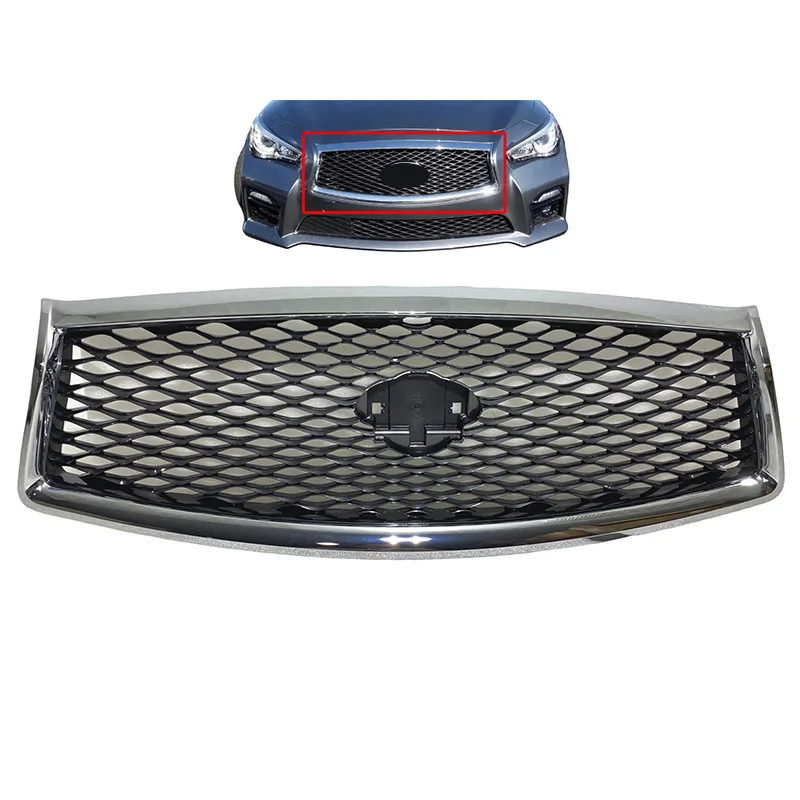 Car Body Parts Front Grille for 2014 2015 2016 2017 Infiniti Q50 Front Bumper Grille Upper With Camera Option Chrome Mesh