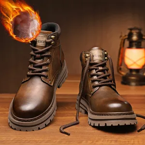 Keep Warm Fluffy Genuine Leather Boots Martin Ankle Waterproof Rubber Platform Fur Black Yellow Brown Snow Boots for Men Winter