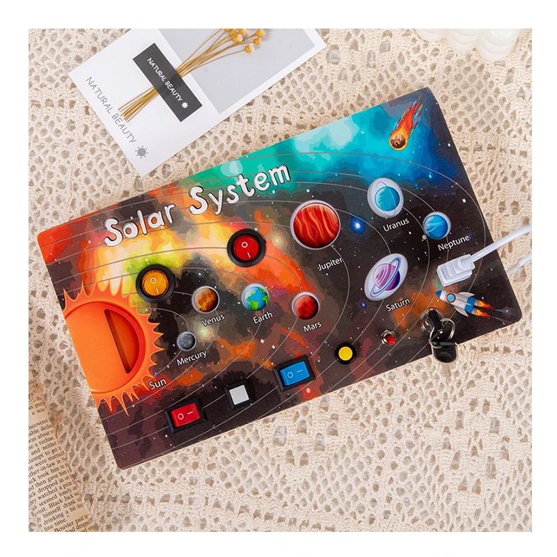 baby wooden toys kids montessori early education Solar system wooden LED light switch busy board for toddlers