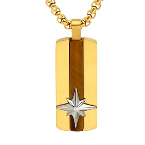 Stainless Steel with Tiger Eye Stone Inlay & Star Design Men's Yellow Gold Plated DogTag Pendant