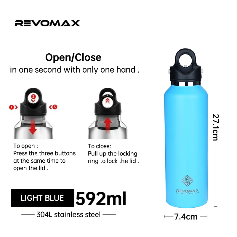 Blue Bottle Coffee & Revomax Water Bottle - 16oz, Triple-Lock Lid & Sweat-proof Insulation for 36 Hour Cold/18 Hour Heat