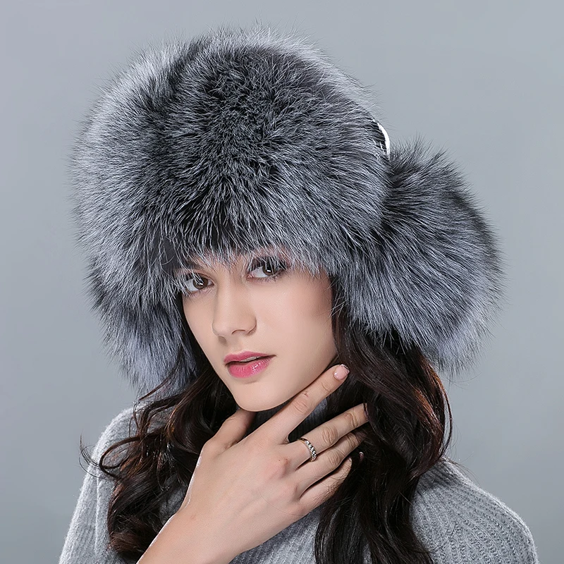 Women's 100% Real Fox Fur Hat S-XL Premium Aviator Russian Ushanka Trapper  Winter Genuine Leather Fox Fur Hat - White - Zavelio