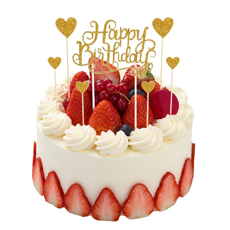 Factory Wholesale Happy Birthday Cake Topper Set With Heart Gold Multi