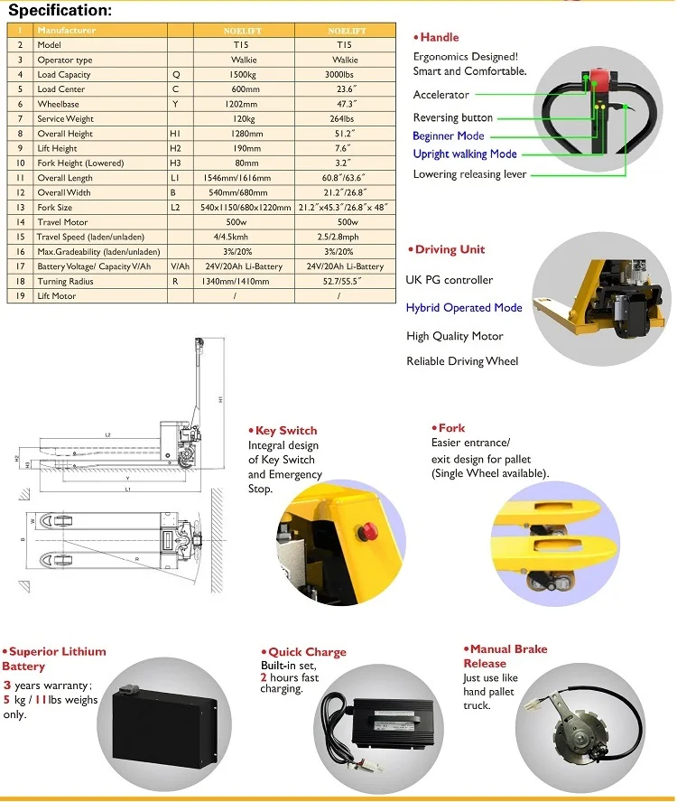 Compact mini LPF lithium electric pallet truck 1.3 ton 1.5 ton 2.0 ton with hand pallet truck function