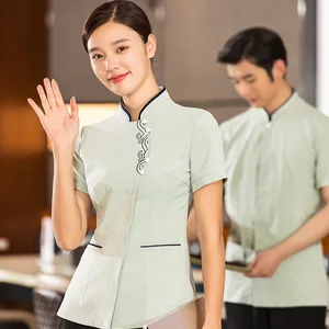 Women's Mid-High End Summer Workwear Short Sleeve Front Desk Attire for Chinese Tea Restaurant & Hotel for Housekeeping Staff