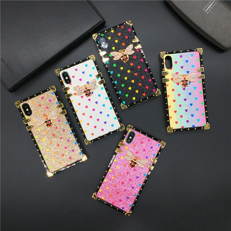 Luxury Bling 3D Bee Case For iPhone 15 PRO Max 11 12 PRO XS XR Love Heart  Square Phone Cover for iphone 13 PRO MAX 7 8 14 Plus