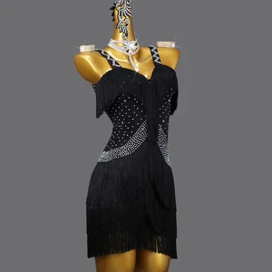 Black Performance Dance Dress Practice Costume Rhinestone Tassel Ladies Latin Competition Costumes Women Dance Skirt
