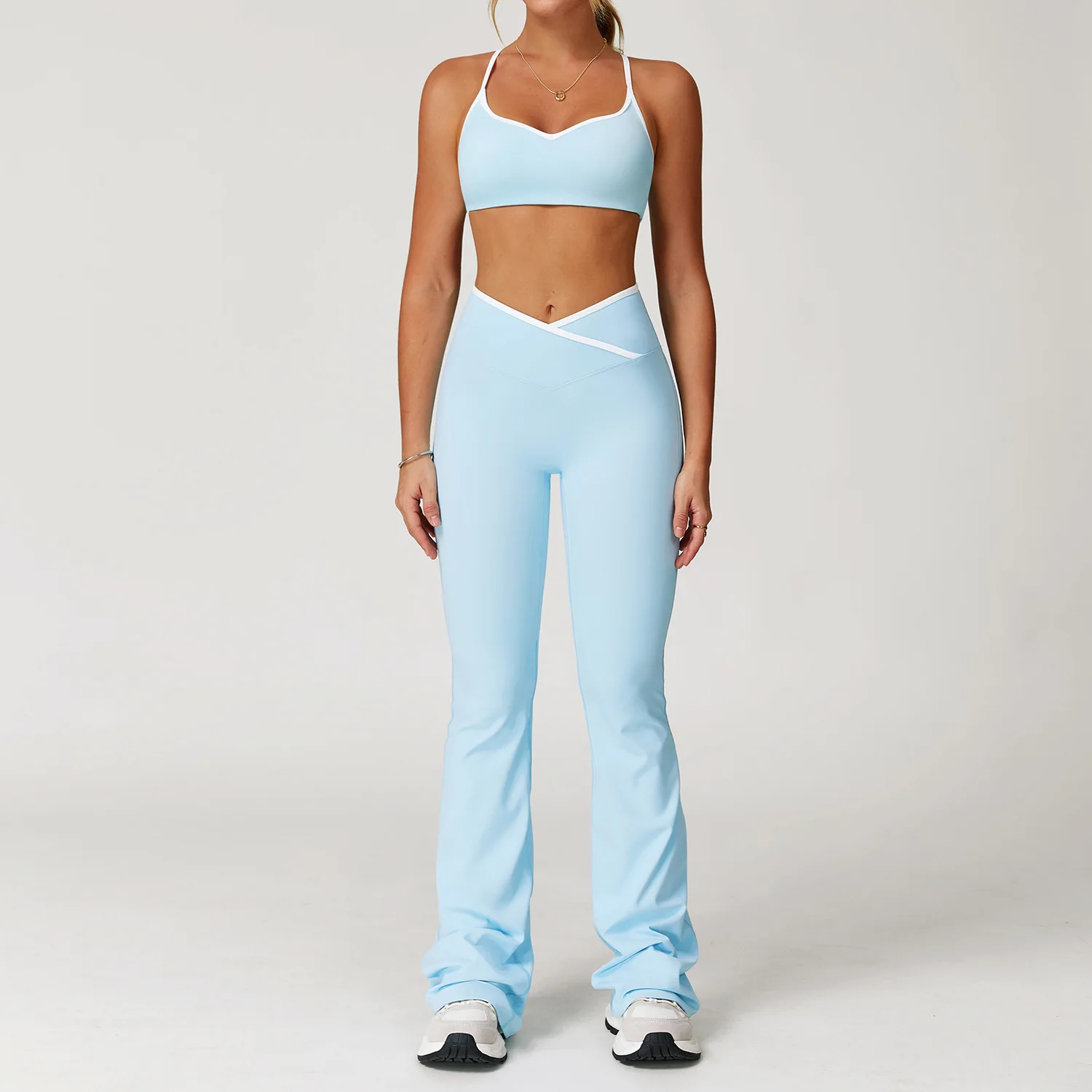 Solid Cross-Waist High-Waist Sweat-Wicking Crisscross Straps V-Neck 2-Piece Yoga Sports  detail