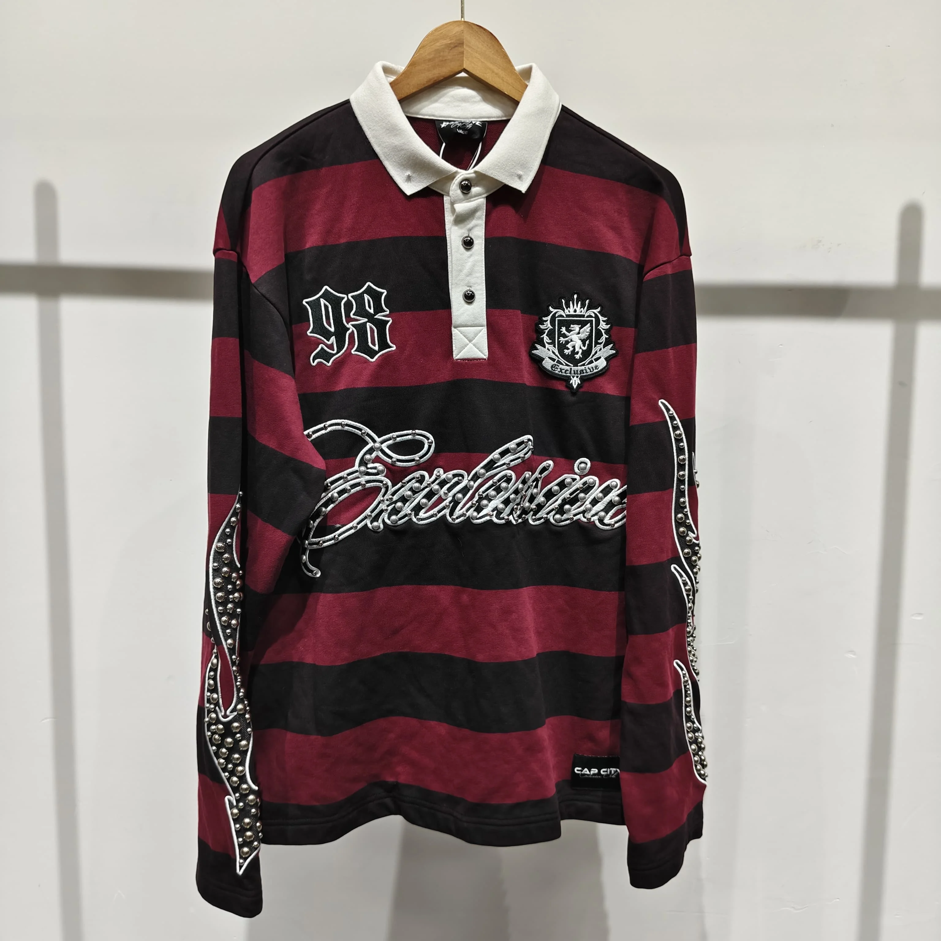 Oem Men's Long Sleeve Oversize Rugby Polo Shirts Button Collar Striped Cotton Knitted Rhinestone Embroidered DTG Shirt for Men
