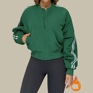 Customized Loose-fit Sporty Coat With Contrast Stripe Pockets Warm Front Zip Stand Collar Yoga Fitness Jacket