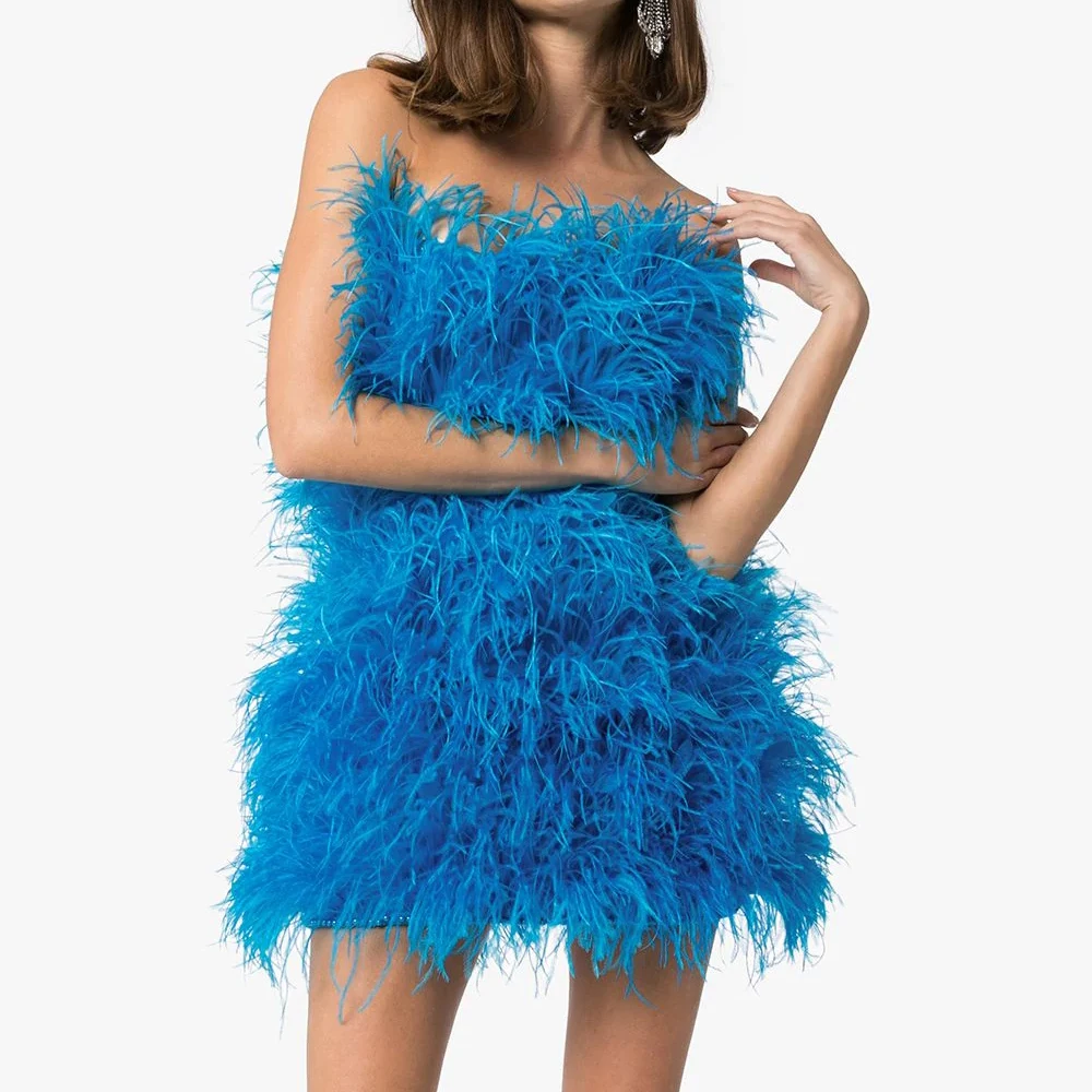 blue ostrich feather dress Strapless Plunging Rhinestones Blue Ostrich Feather Dress main image 0